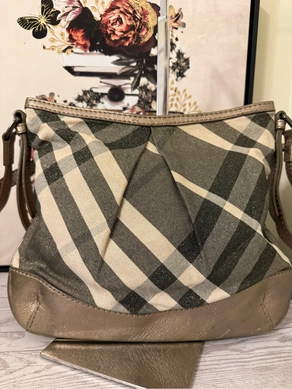 Burberry Plaid Canvas Crossbody Bag in Beige and Metallic Gold
